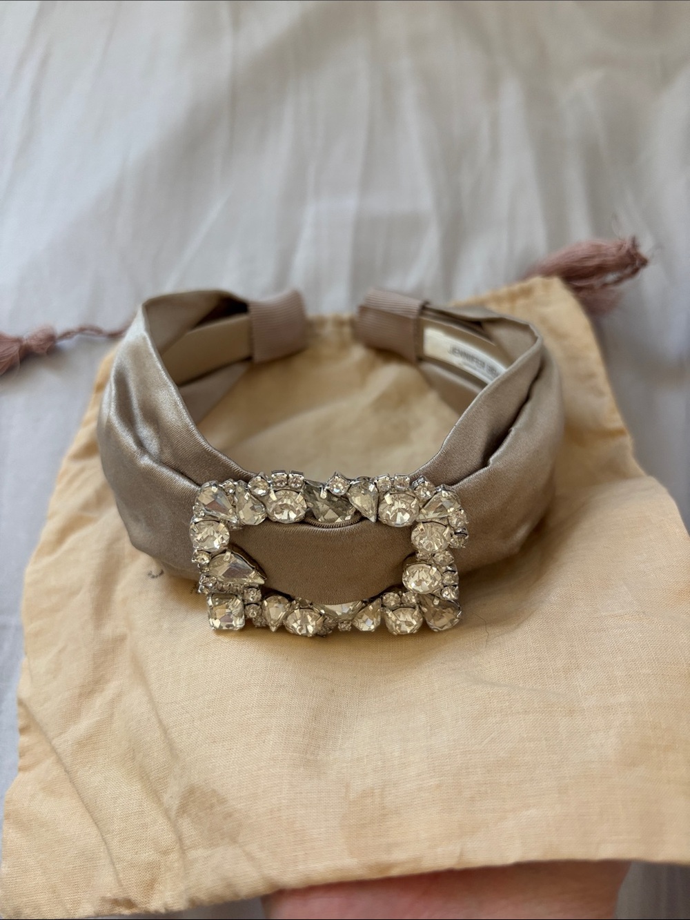 Jennifer Behr Taupe Satin Headband with Crystal Buckle